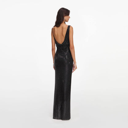 SP Black Rhinestone Draped Maxi Dress