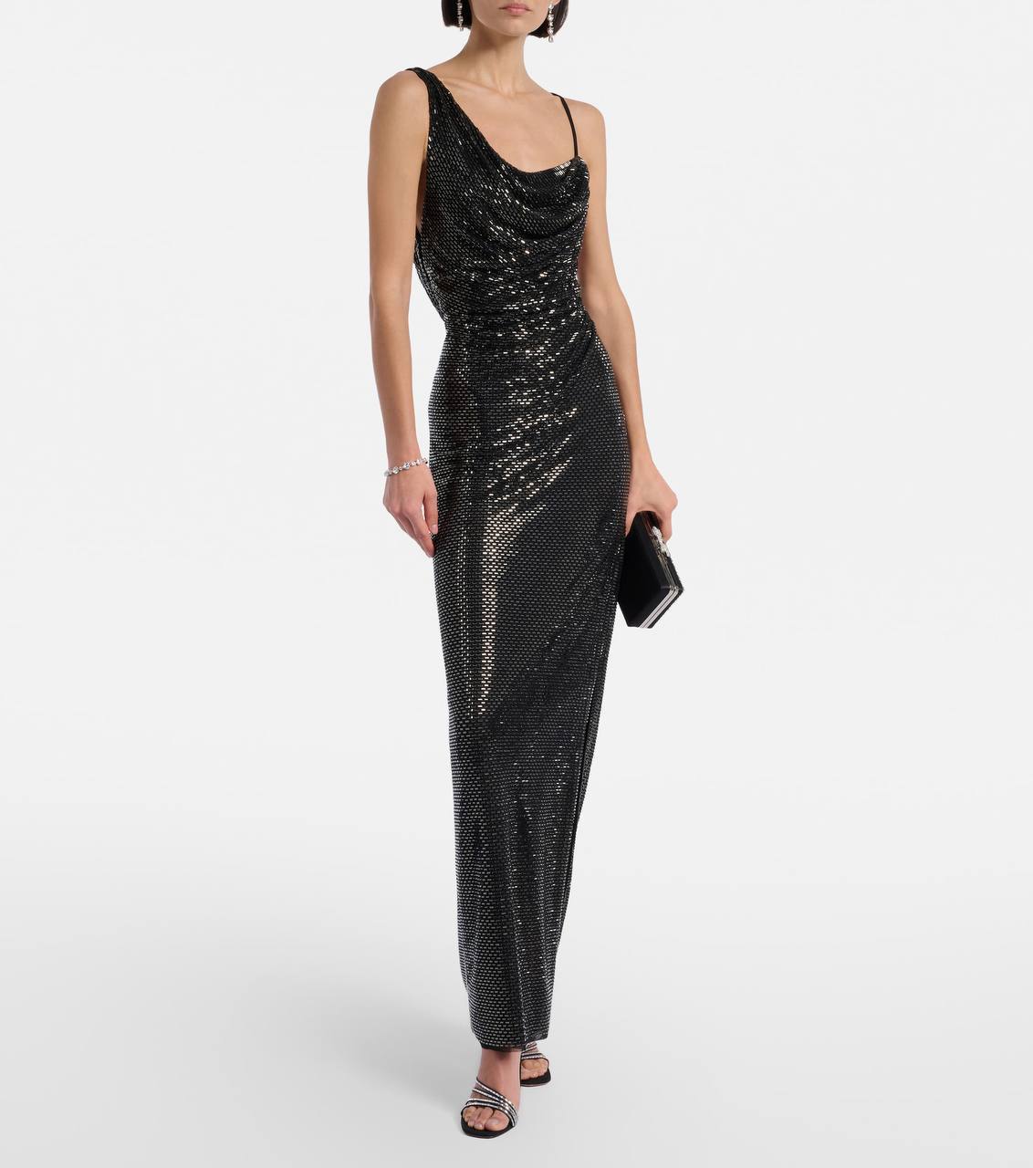 SP Black Rhinestone Draped Maxi Dress