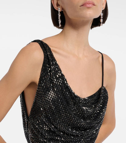 SP Black Rhinestone Draped Maxi Dress
