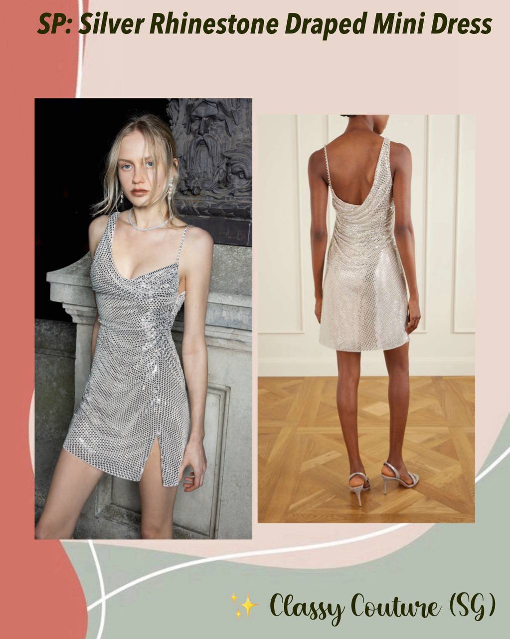 SP Silver Rhinestone Draped Mini Dress