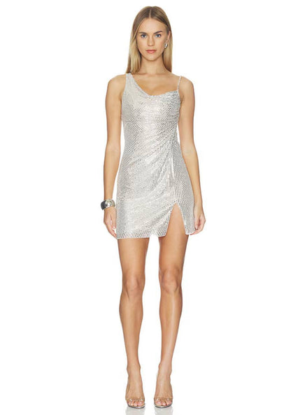SP Silver Rhinestone Draped Mini Dress