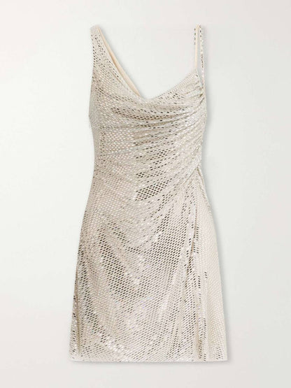 SP Silver Rhinestone Draped Mini Dress