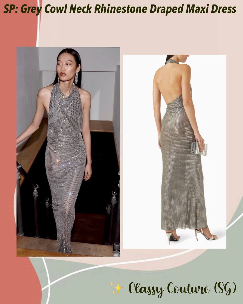 SP Grey Cowl Neck Rhinestone Draped Maxi Dress