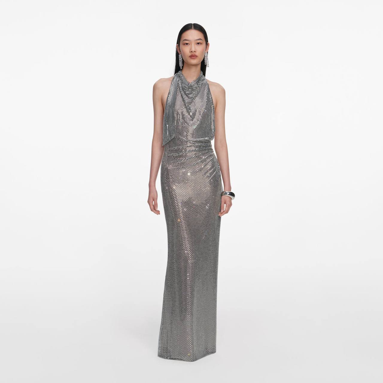 SP Grey Cowl Neck Rhinestone Draped Maxi Dress