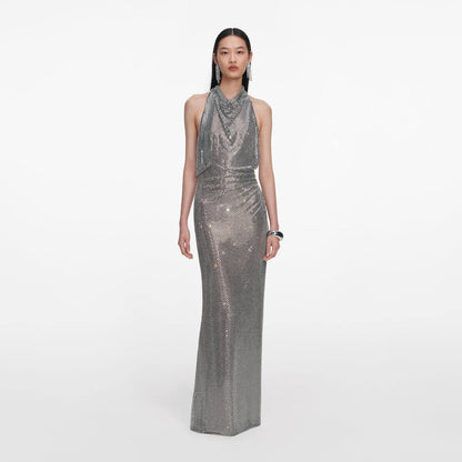 SP Grey Cowl Neck Rhinestone Draped Maxi Dress