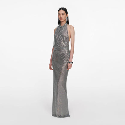 SP Grey Cowl Neck Rhinestone Draped Maxi Dress
