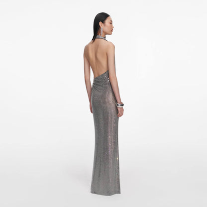 SP Grey Cowl Neck Rhinestone Draped Maxi Dress