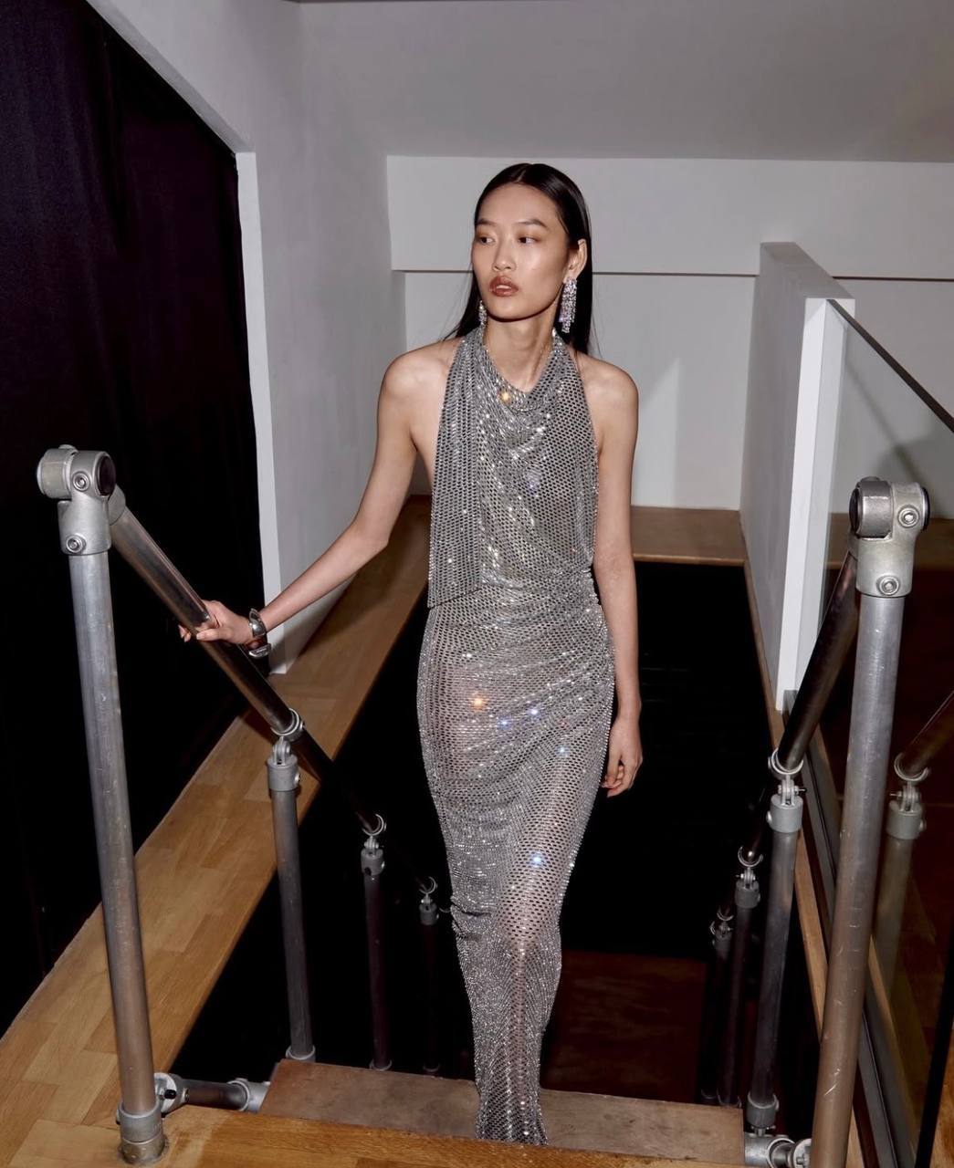 SP Grey Cowl Neck Rhinestone Draped Maxi Dress