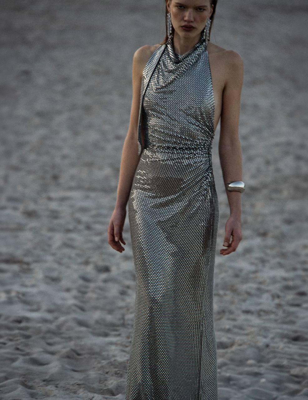 SP Grey Cowl Neck Rhinestone Draped Maxi Dress