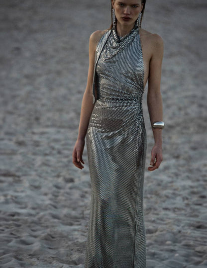 SP Grey Cowl Neck Rhinestone Draped Maxi Dress