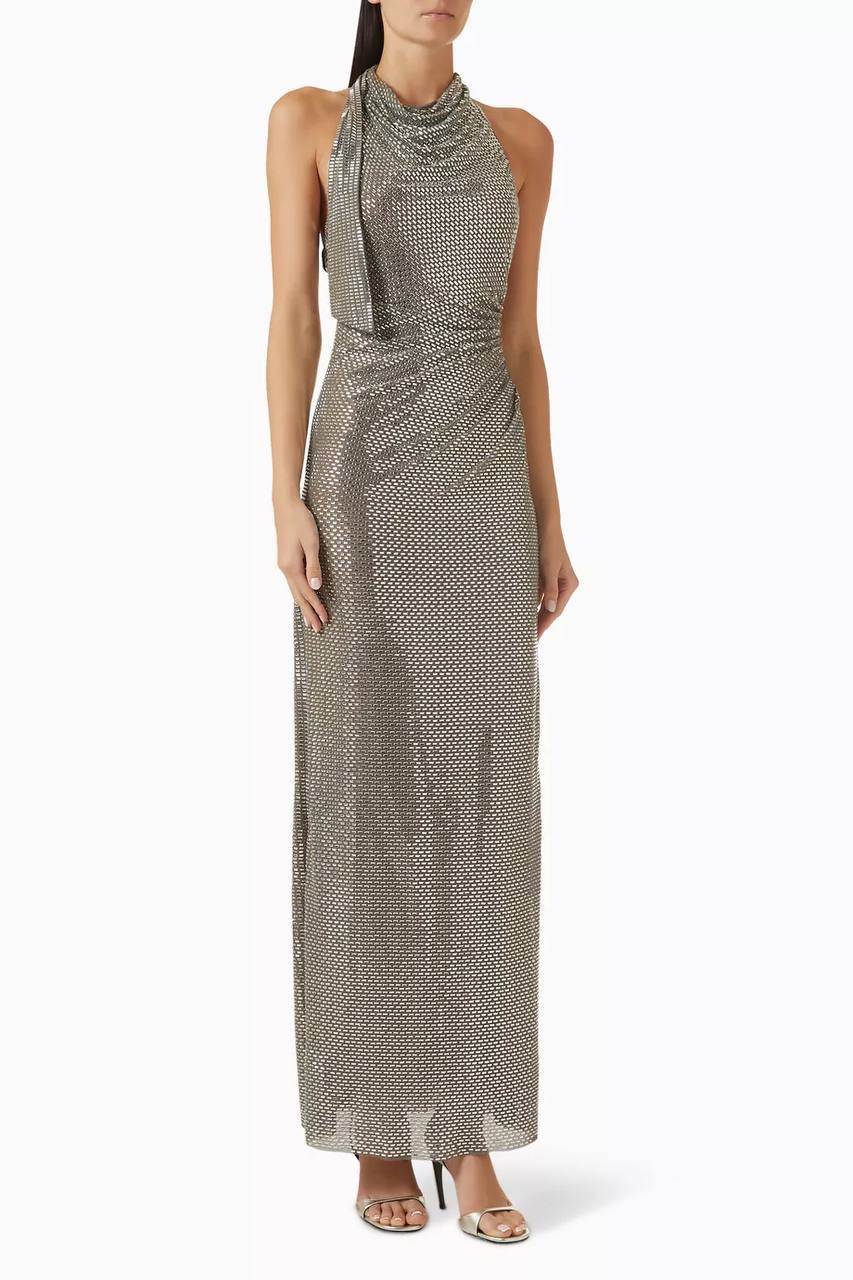 SP Grey Cowl Neck Rhinestone Draped Maxi Dress