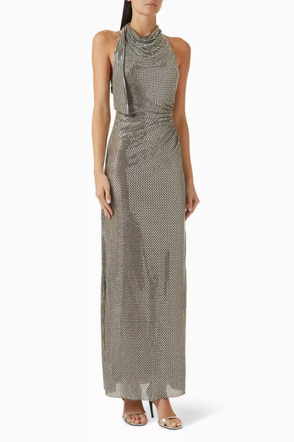 SP Grey Cowl Neck Rhinestone Draped Maxi Dress