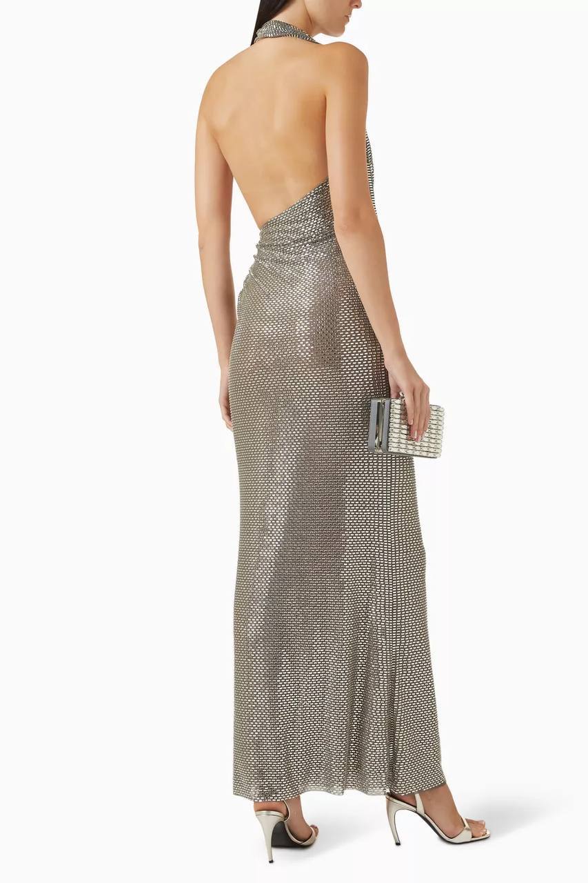 SP Grey Cowl Neck Rhinestone Draped Maxi Dress