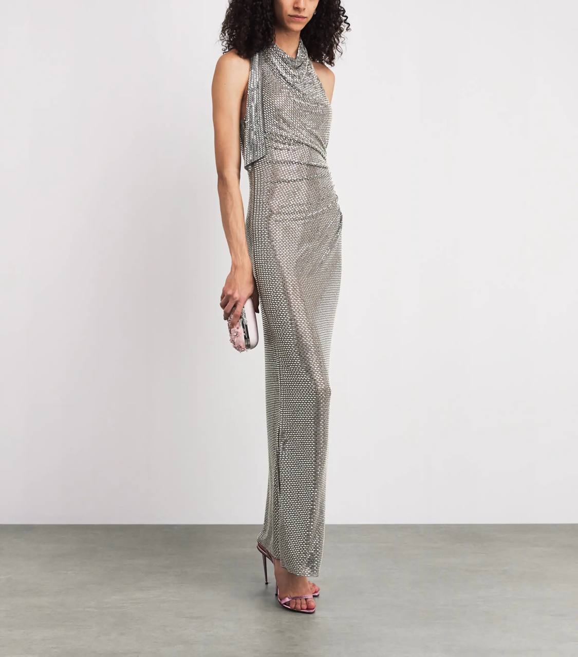 SP Grey Cowl Neck Rhinestone Draped Maxi Dress
