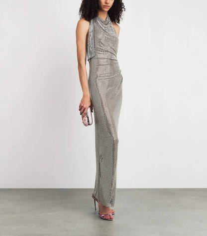SP Grey Cowl Neck Rhinestone Draped Maxi Dress