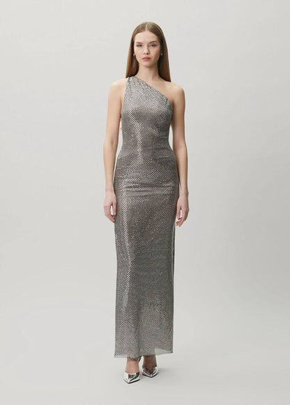 SP Grey One Shoulder Rhinestone Maxi Dress