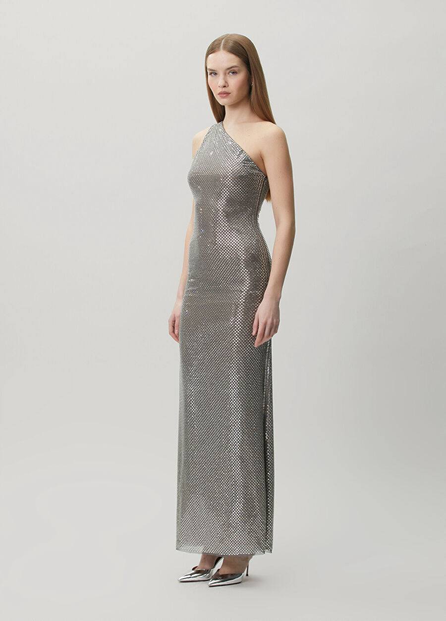 SP Grey One Shoulder Rhinestone Maxi Dress
