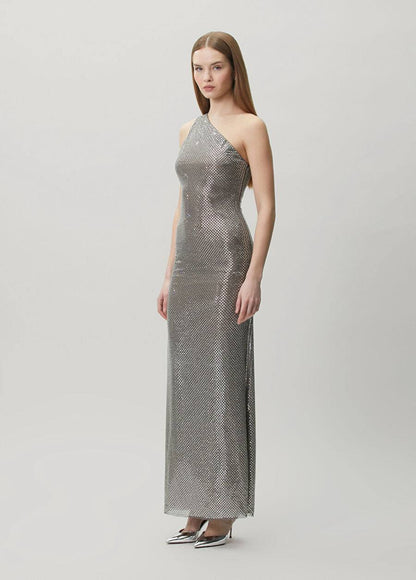 SP Grey One Shoulder Rhinestone Maxi Dress