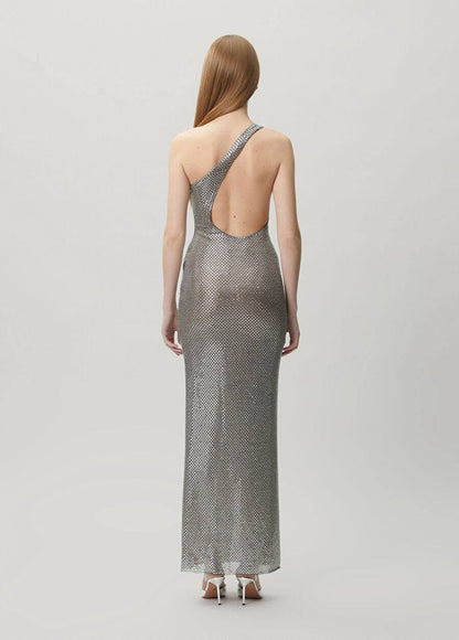 SP Grey One Shoulder Rhinestone Maxi Dress
