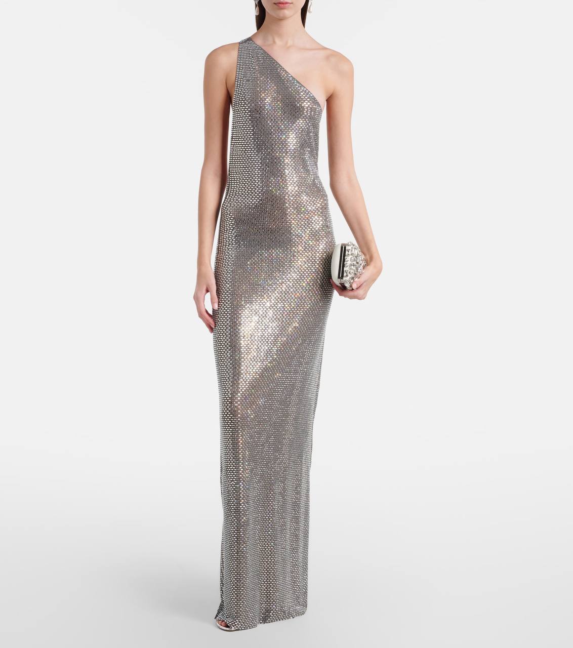 SP Grey One Shoulder Rhinestone Maxi Dress