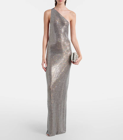 SP Grey One Shoulder Rhinestone Maxi Dress