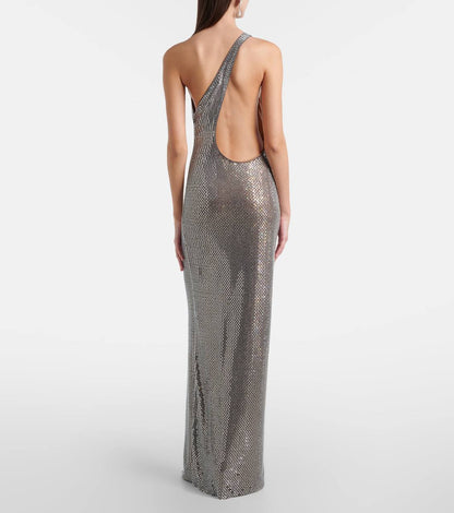 SP Grey One Shoulder Rhinestone Maxi Dress
