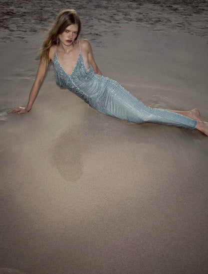 SP Blue Rhinestone-Mesh Maxi Dress