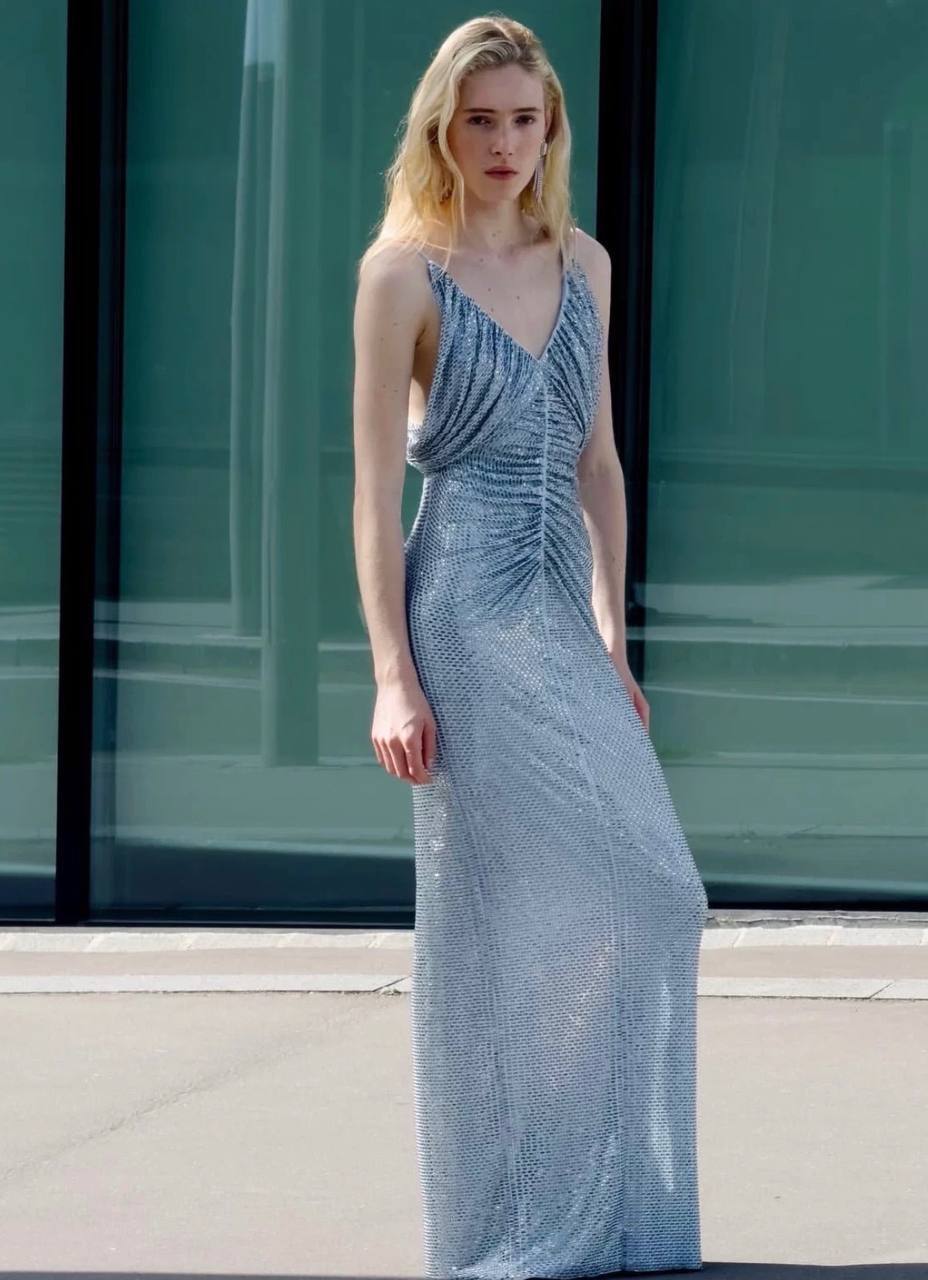 SP Blue Rhinestone-Mesh Maxi Dress