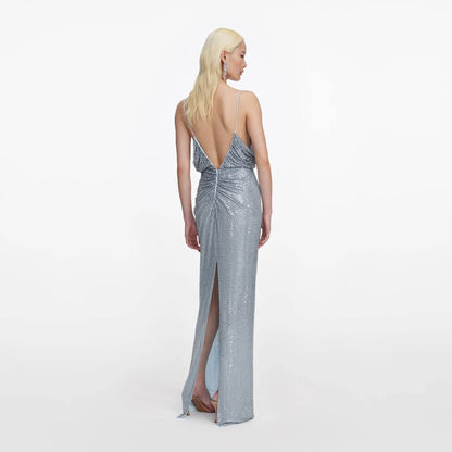 SP Blue Rhinestone-Mesh Maxi Dress