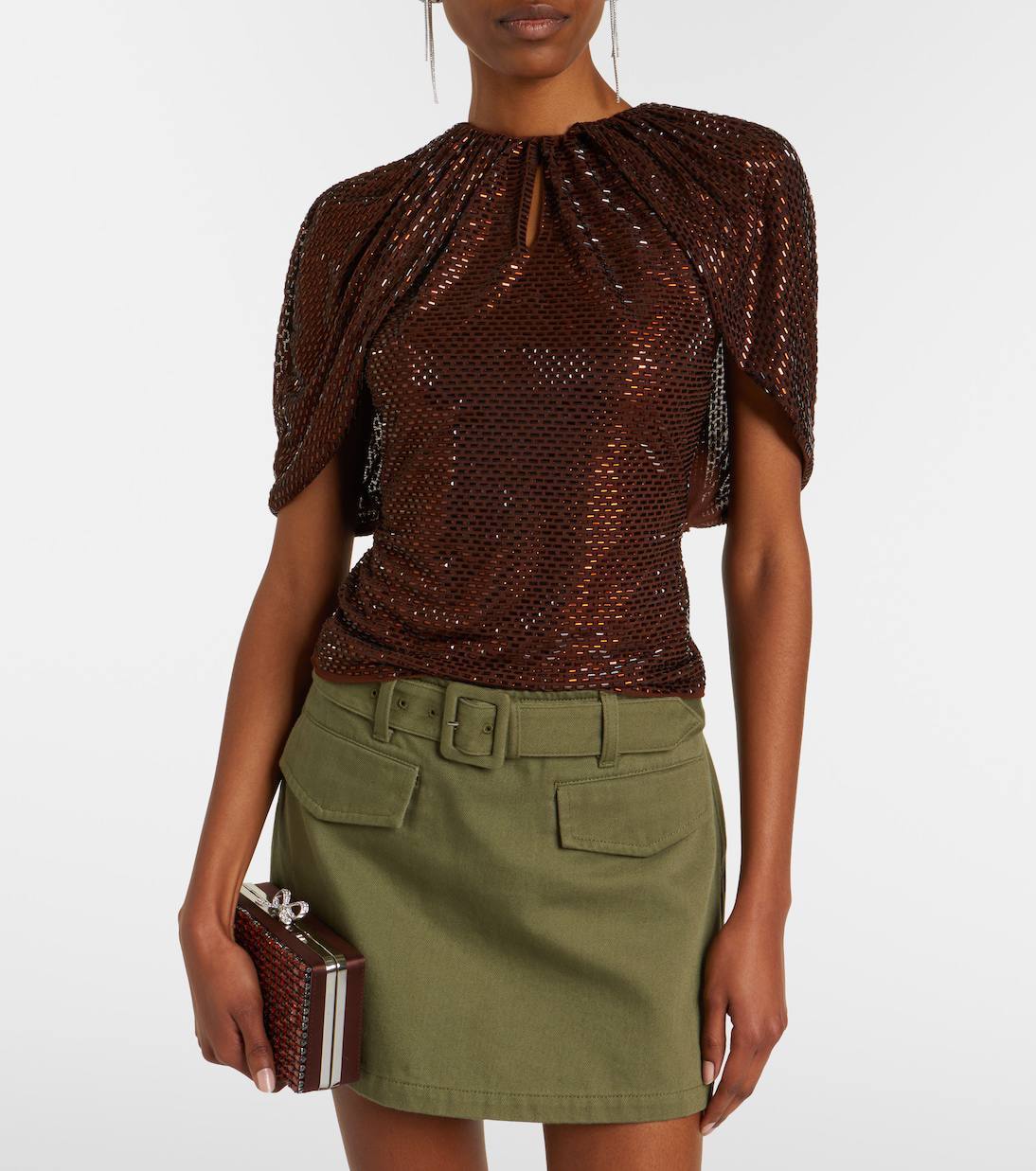 SP Brown Rhinestone Cape Sleeve Top