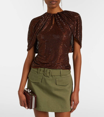 SP Brown Rhinestone Cape Sleeve Top