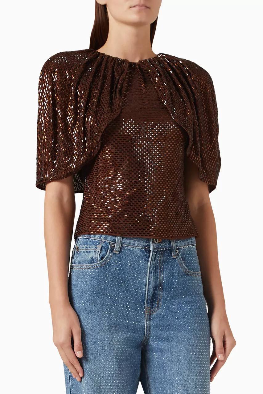 SP Brown Rhinestone Cape Sleeve Top