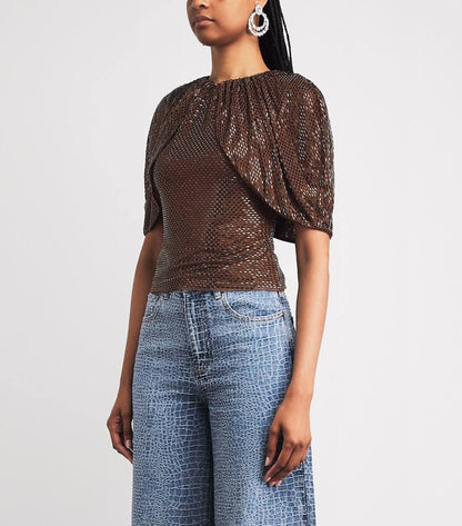 SP Brown Rhinestone Cape Sleeve Top