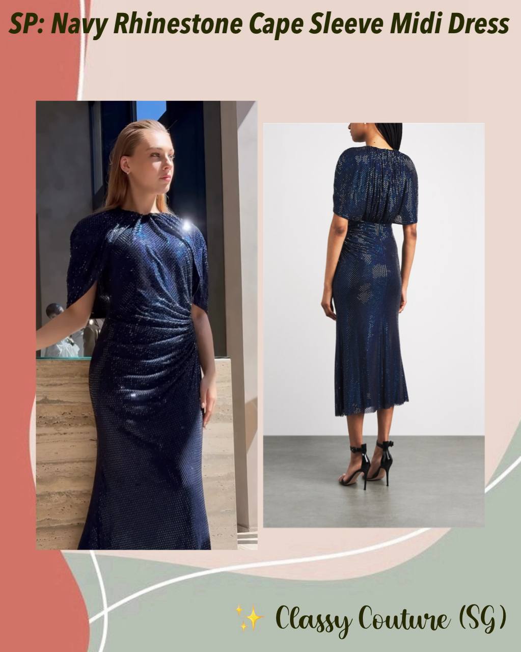 SP Navy Rhinestone Cape Sleeve Midi Dress