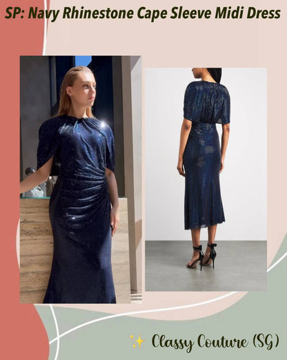 SP Navy Rhinestone Cape Sleeve Midi Dress