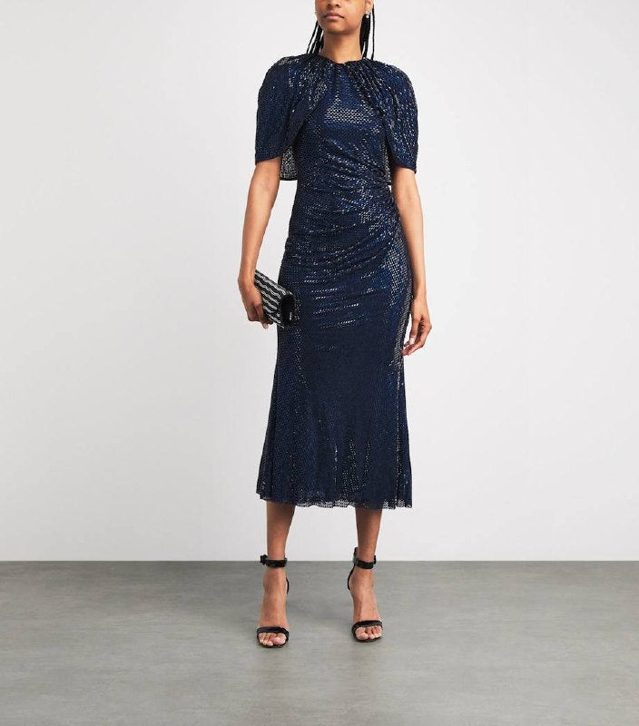 SP Navy Rhinestone Cape Sleeve Midi Dress