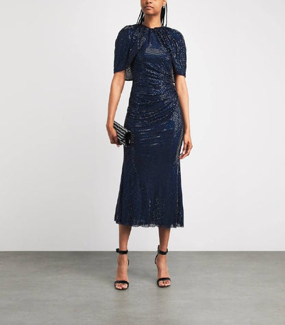 SP Navy Rhinestone Cape Sleeve Midi Dress