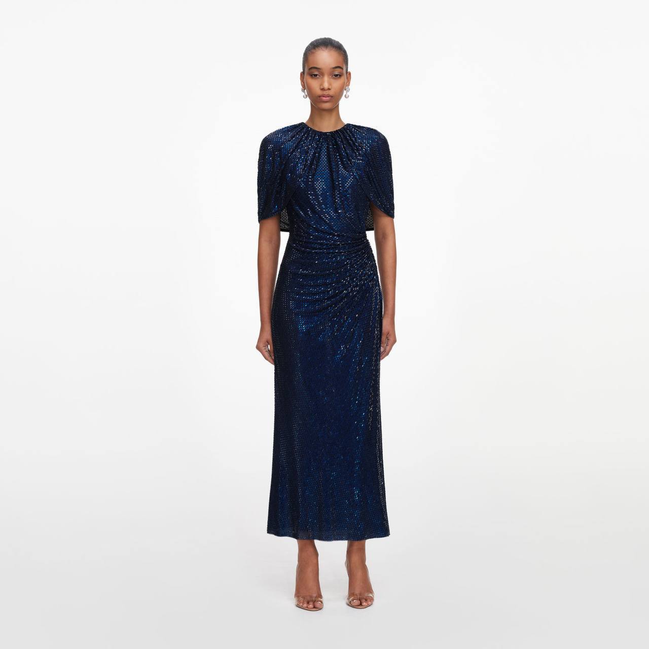 SP Navy Rhinestone Cape Sleeve Midi Dress