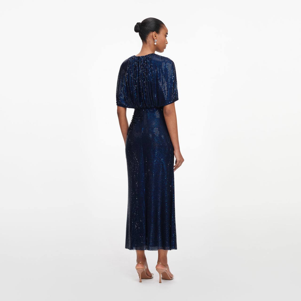SP Navy Rhinestone Cape Sleeve Midi Dress