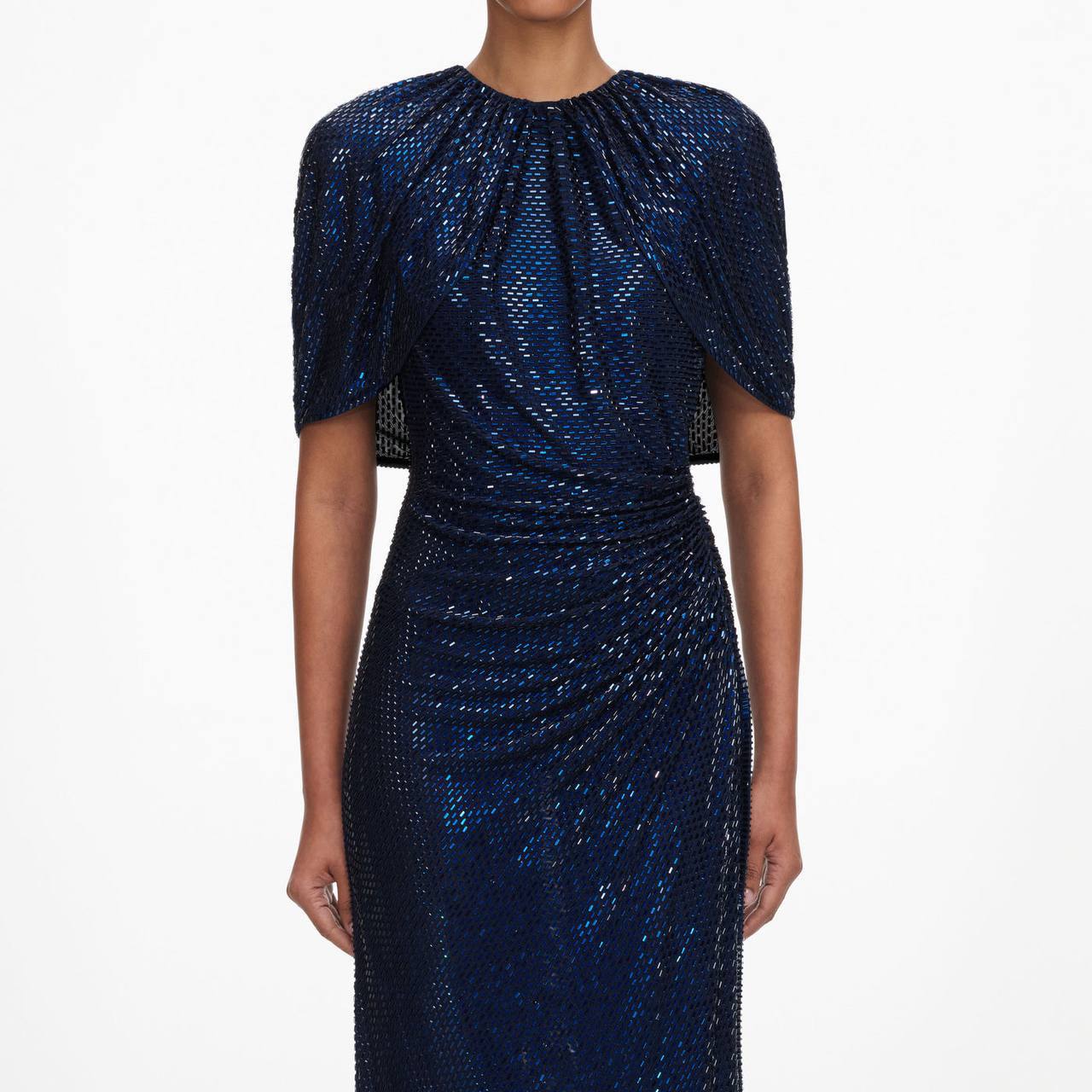 SP Navy Rhinestone Cape Sleeve Midi Dress