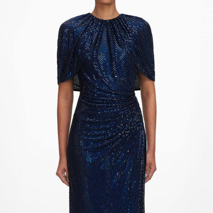 SP Navy Rhinestone Cape Sleeve Midi Dress