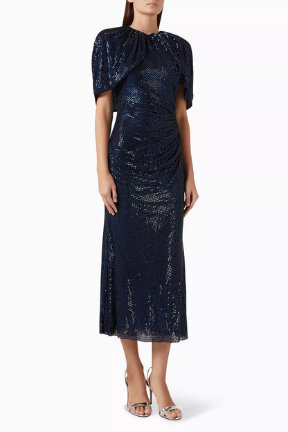 SP Navy Rhinestone Cape Sleeve Midi Dress