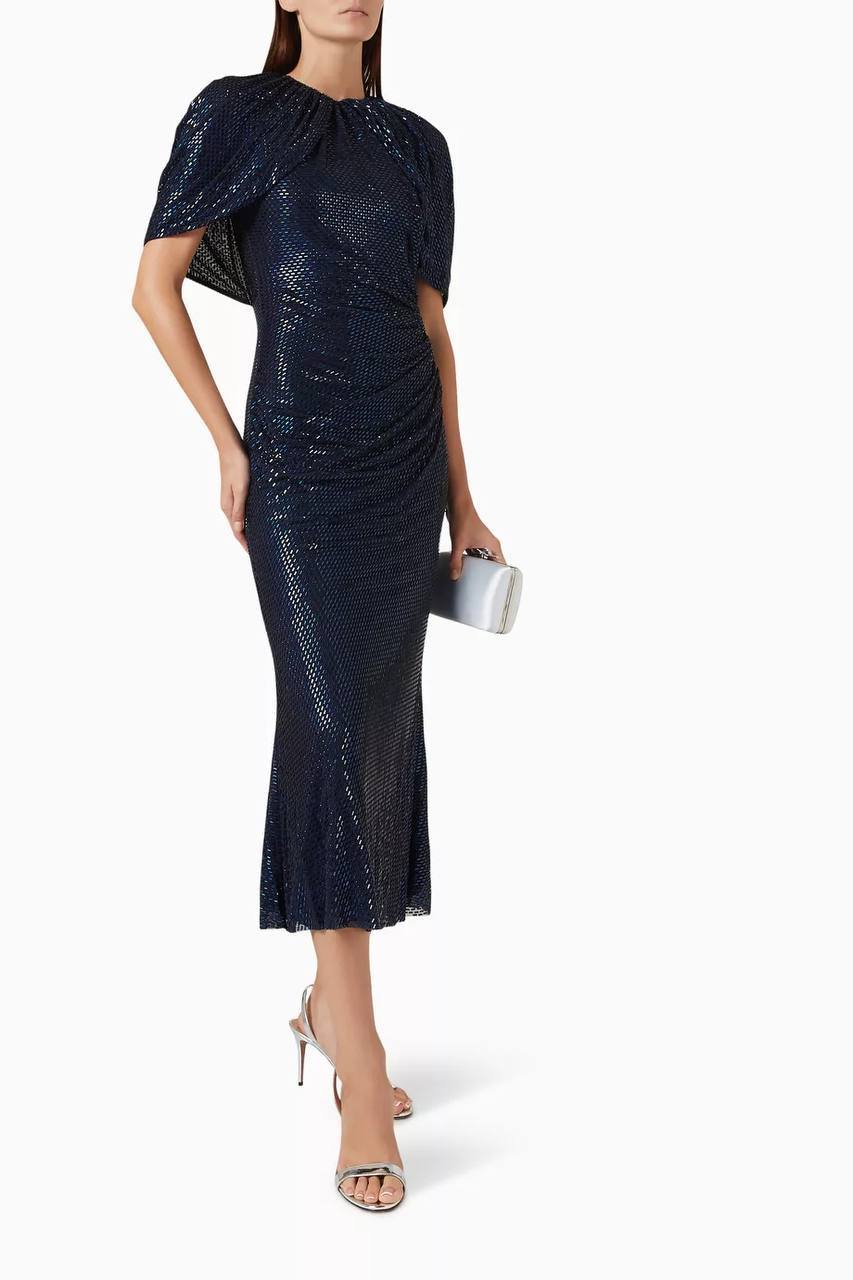 SP Navy Rhinestone Cape Sleeve Midi Dress