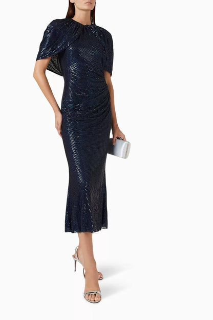 SP Navy Rhinestone Cape Sleeve Midi Dress
