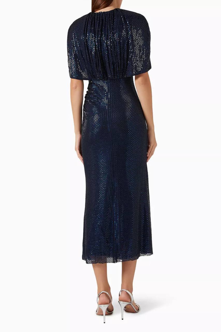 SP Navy Rhinestone Cape Sleeve Midi Dress