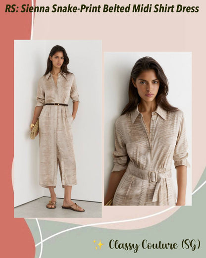 RS Sienna Snake-Print Viscose Belted ShirtDress Midi Dress