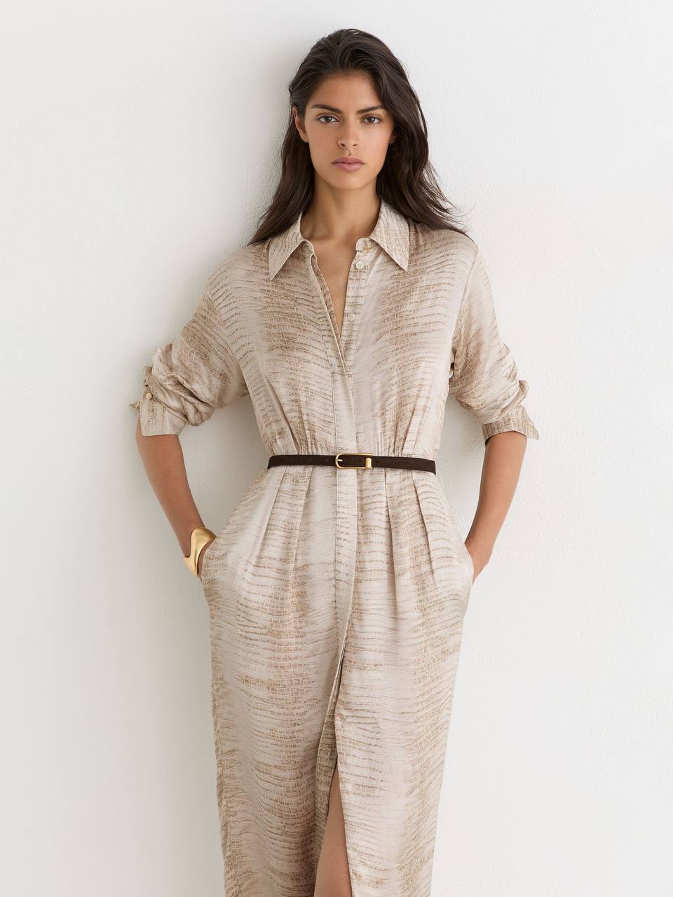 RS Sienna Snake-Print Viscose Belted ShirtDress Midi Dress