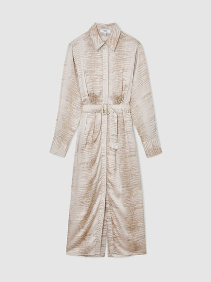 RS Sienna Snake-Print Viscose Belted ShirtDress Midi Dress