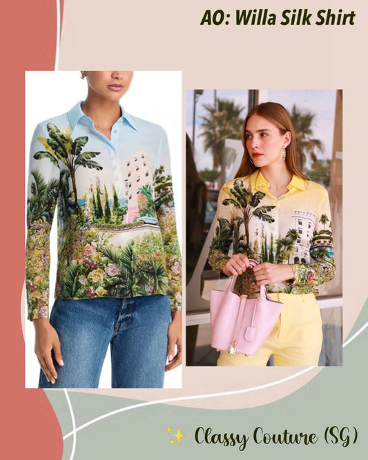 AO Willa Silk Shirt in Blue Palms & Yellow Pure Paradise