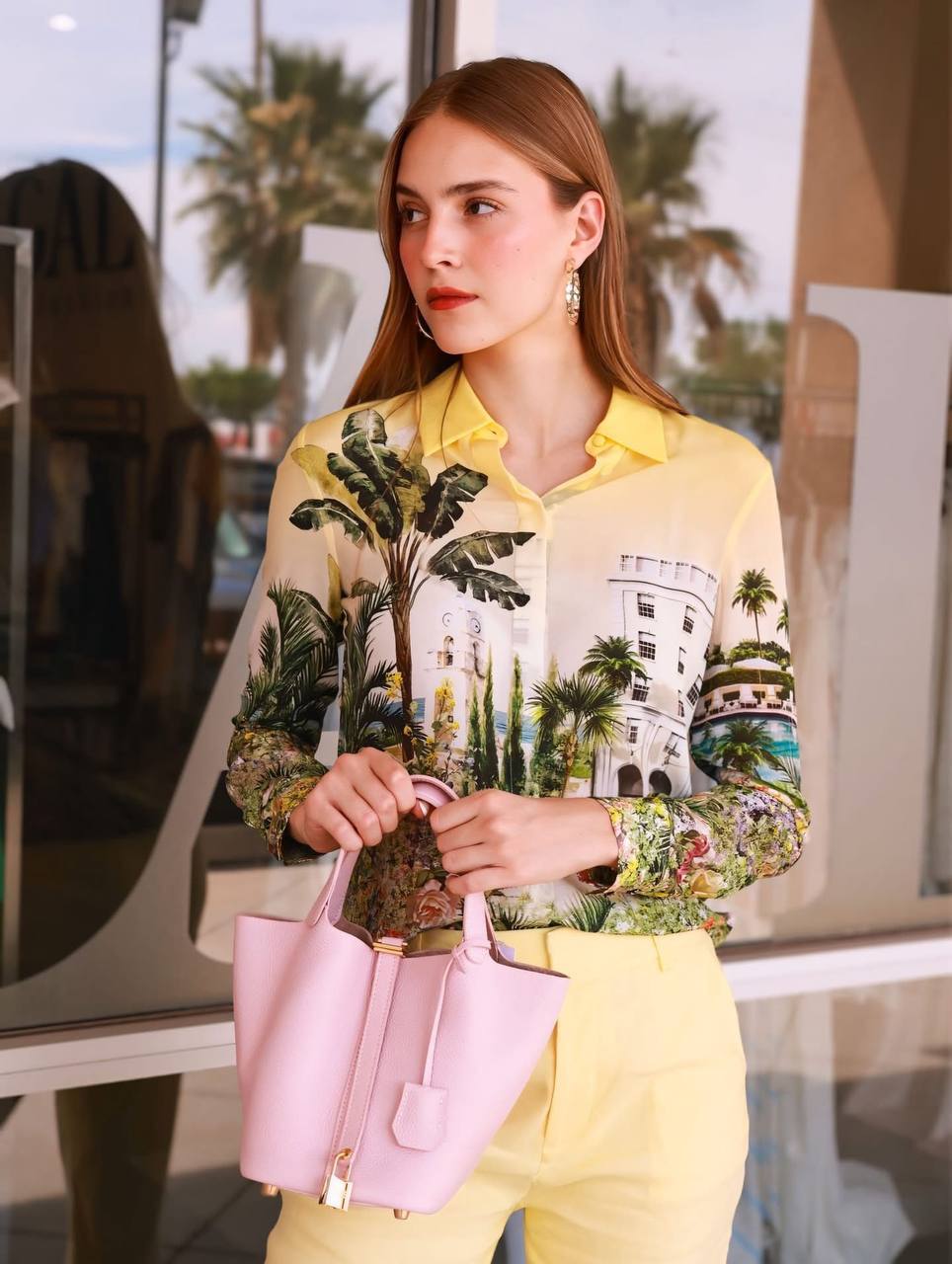 AO Willa Silk Shirt in Blue Palms & Yellow Pure Paradise